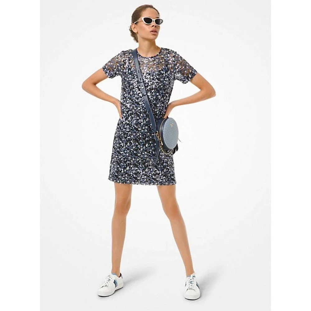 Michael Kors Orchid Haze Floral Sequin Mesh Shift‎ Dress NWT Womens M